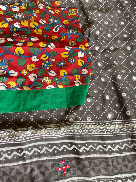 Embroidered handblock printed chanderi cotton silk saree