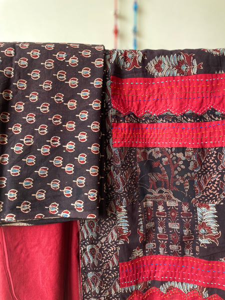 Maroon Applique Ajrakh Hand Embroidered Cotton Saree