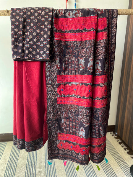 Maroon Applique Ajrakh Hand Embroidered Cotton Saree