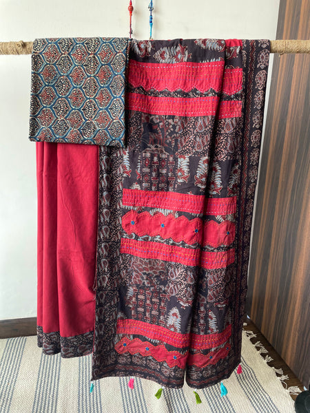 Maroon Applique Ajrakh Hand Embroidered Cotton Saree
