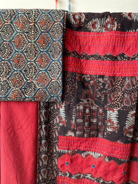 Maroon Applique Ajrakh Hand Embroidered Cotton Saree
