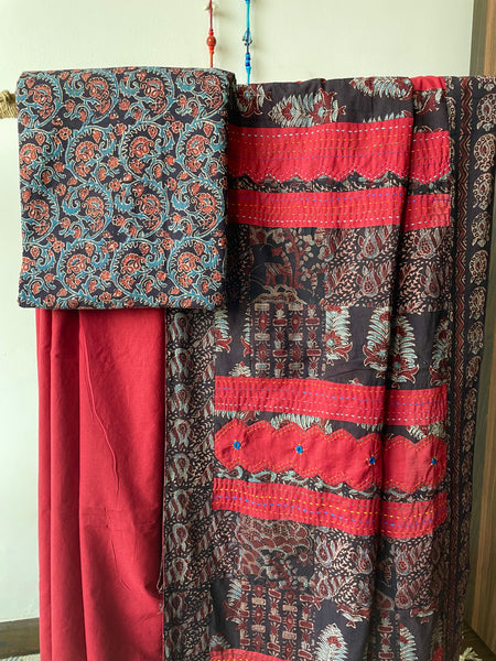 Maroon Applique Ajrakh Hand Embroidered Cotton Saree