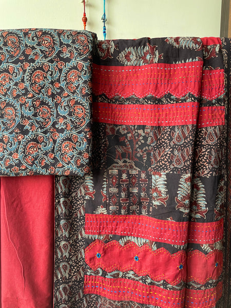 Maroon Applique Ajrakh Hand Embroidered Cotton Saree