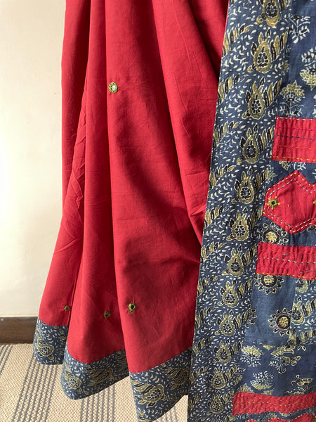 Maroon Applique Ajrakh Hand Embroidered Cotton Saree