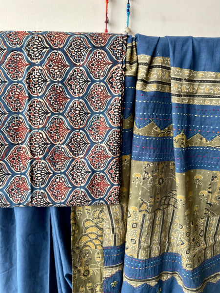 Blue Applique Ajrakh Hand Embroidered Mul Cotton Saree