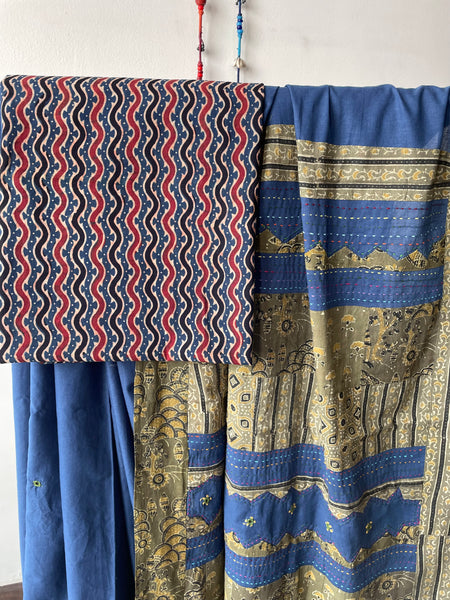 Blue Applique Ajrakh Hand Embroidered Mul Cotton Saree