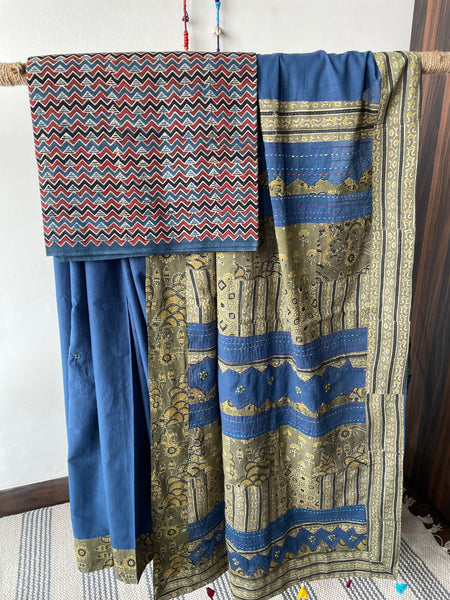 Blue Applique Ajrakh Hand Embroidered Mul Cotton Saree