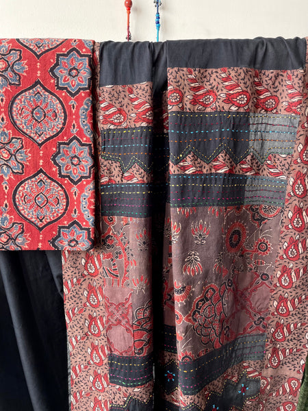 Black Applique Ajrakh Hand Embroidered Cotton Saree