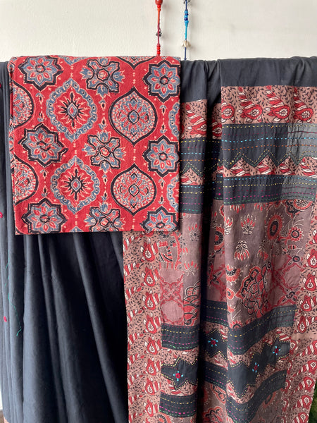 Black Applique Ajrakh Hand Embroidered Cotton Saree