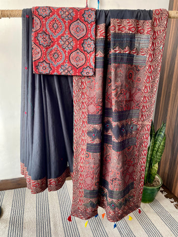 Black Applique Ajrakh Hand Embroidered Cotton Saree