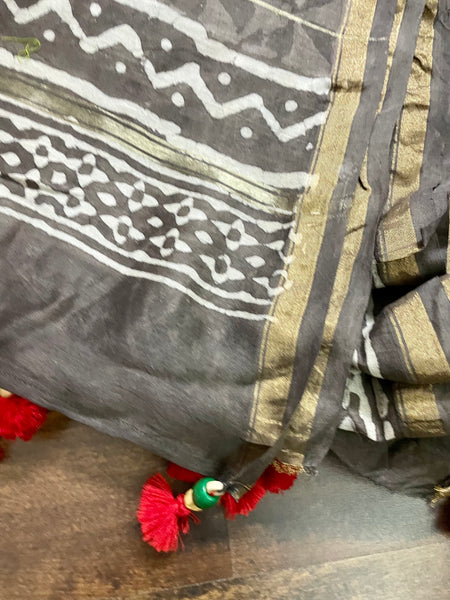 Embroidered handblock printed chanderi cotton silk saree