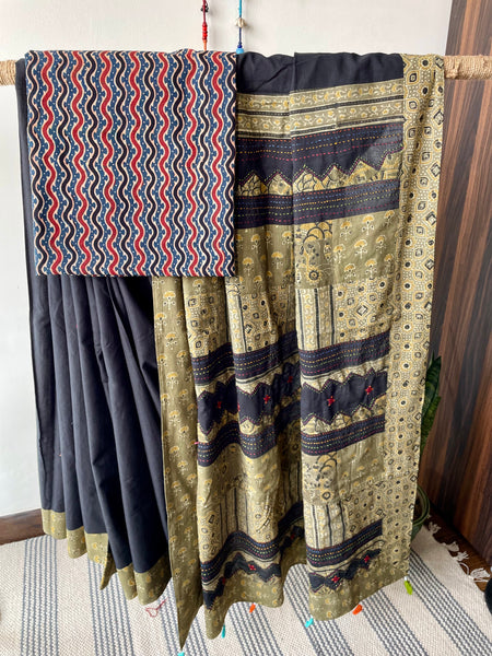 Applique Ajrakh Hand Embroidered Cotton Saree