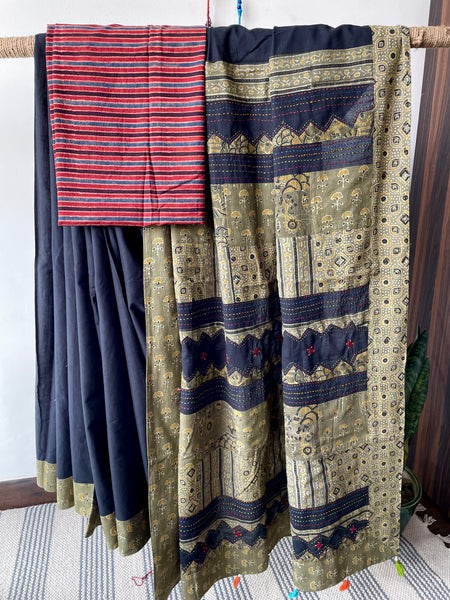 Applique Ajrakh Hand Embroidered Cotton Saree
