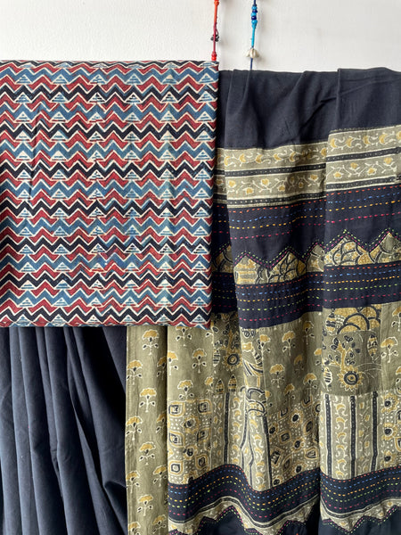 Applique Ajrakh Hand Embroidered Cotton Saree