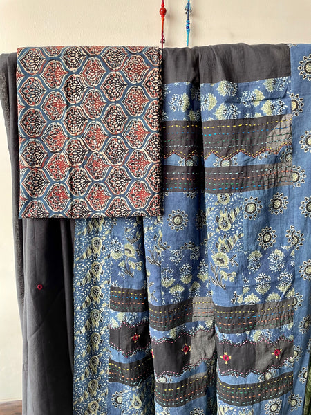 Applique Ajrakh Hand Embroidered Cotton Saree
