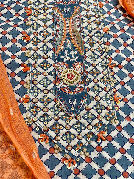 Hand Embroidered Cotton 3 piece set -Top, bottom & dupatta