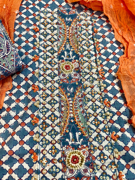 Hand Embroidered Cotton 3 piece set -Top, bottom & dupatta