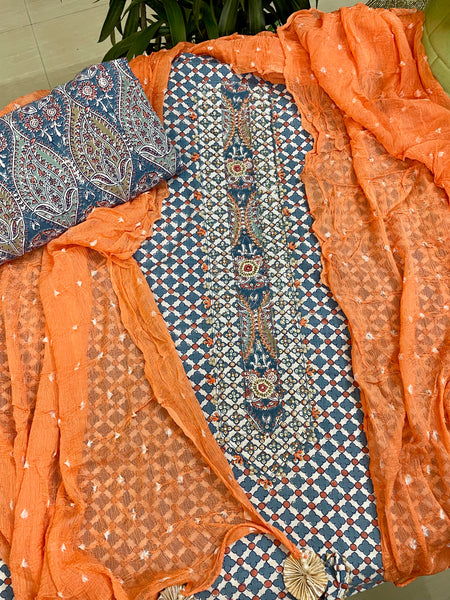 Hand Embroidered Cotton 3 piece set -Top, bottom & dupatta
