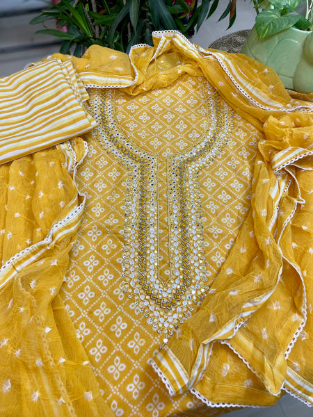 Hand Embroidered Cotton 3 piece set -Top, bottom & dupatta