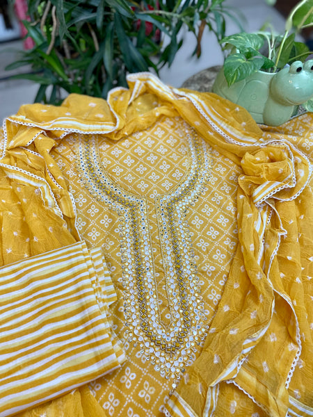 Hand Embroidered Cotton 3 piece set -Top, bottom & dupatta