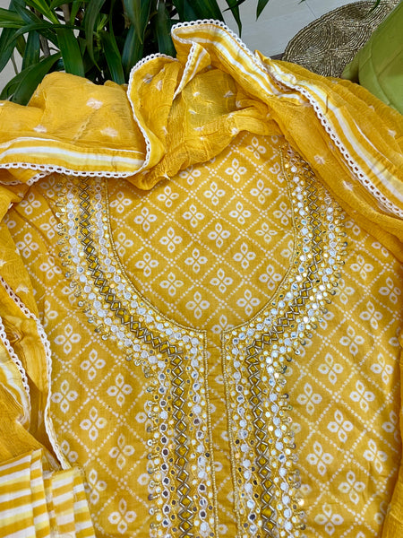 Hand Embroidered Cotton 3 piece set -Top, bottom & dupatta