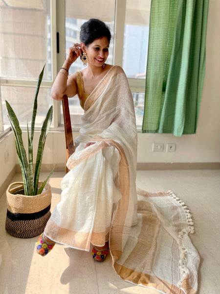 White with broad 4 inch golden zari - Handwoven Linen Saree
