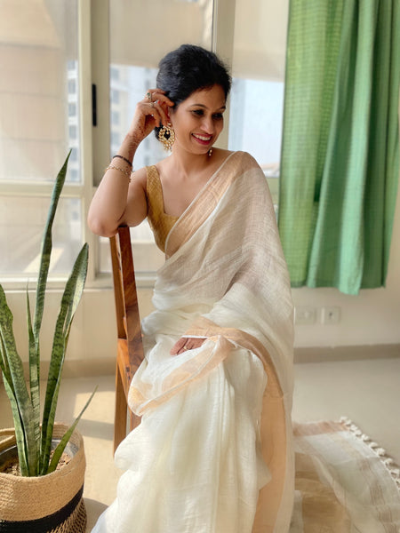 White with broad 4 inch golden zari - Handwoven Linen Saree