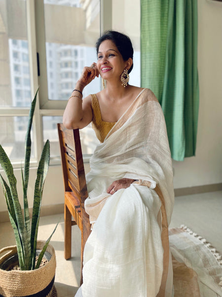 White with broad 4 inch golden zari - Handwoven Linen Saree