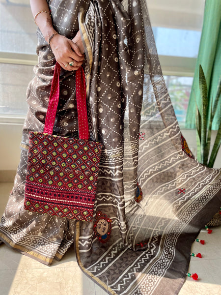 Embroidered handblock printed chanderi cotton silk saree