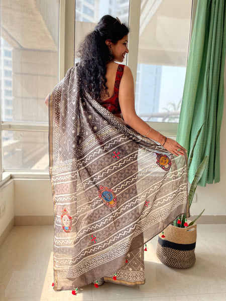 Embroidered handblock printed chanderi cotton silk saree