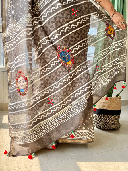Embroidered handblock printed chanderi cotton silk saree