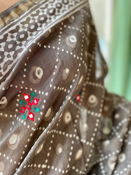 Embroidered handblock printed chanderi cotton silk saree