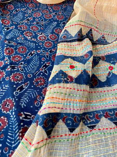2 piece set - Ajrakh handblock cotton kurta with kota doria dupatta