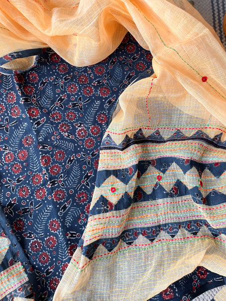 2 piece set - Ajrakh handblock cotton kurta with kota doria dupatta