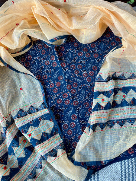 2 piece set - Ajrakh handblock cotton kurta with kota doria dupatta