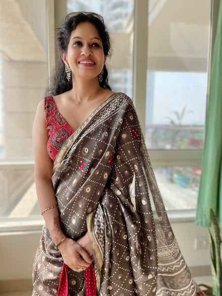 Embroidered handblock printed chanderi cotton silk saree