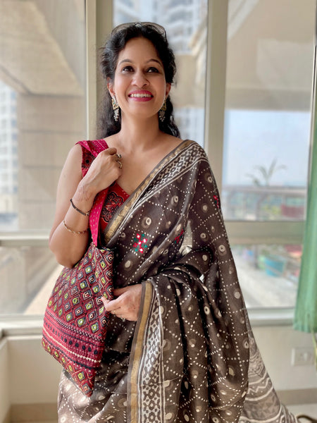 Embroidered handblock printed chanderi cotton silk saree