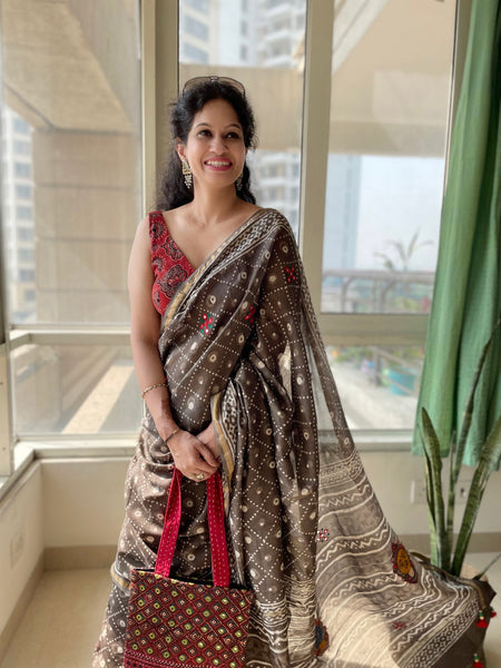 Embroidered handblock printed chanderi cotton silk saree