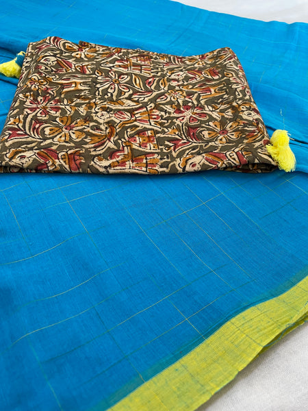 Mul cotton checks Saree - Blue and yellow