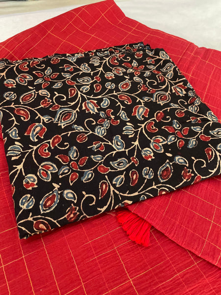 Mul cotton checks Saree - Red & Yellow