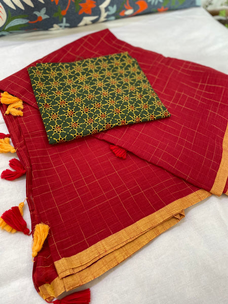 Mul cotton checks Saree - Red & Yellow