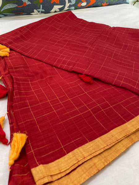 Mul cotton checks Saree - Red & Yellow