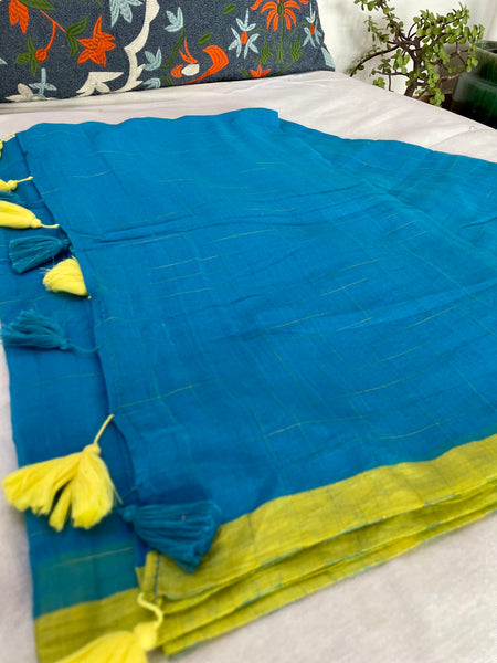 Mul cotton checks Saree - Blue and yellow