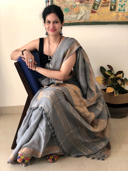 Smoky Grey - Handwoven Linen Saree
