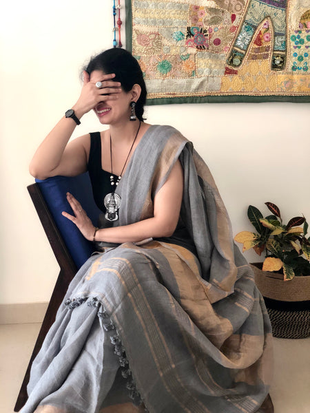 Smoky Grey - Handwoven Linen Saree