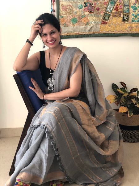 Smoky Grey - Handwoven Linen Saree