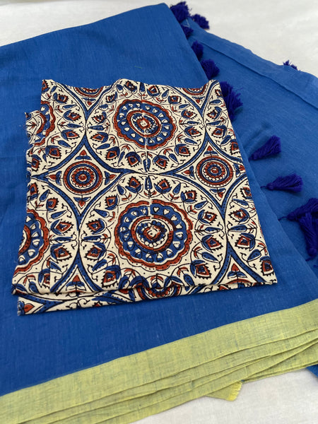 Plain Mul Cotton Saree - Blue & Green