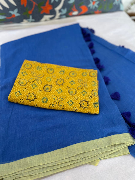 Plain Mul Cotton Saree - Blue & Green
