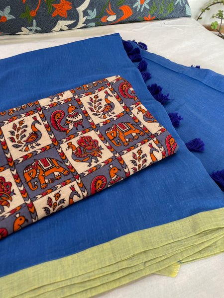 Plain Mul Cotton Saree - Blue & Green