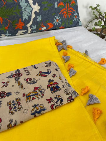 Plain Mul Cotton saree - Bright Yellow
